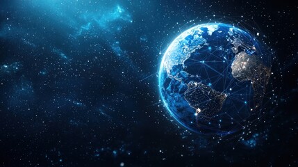 Obraz premium Abstract digital planet Earth with network connections on a blue background, a global communication and technology concept. Space view of the Earth in space. generated ai
