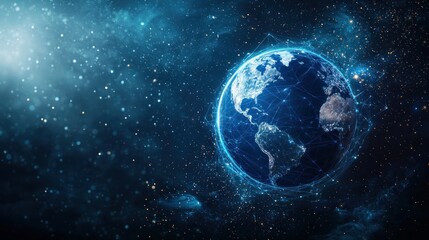 Abstract digital planet Earth with network connections on a blue background, a global communication and technology concept. Space view of the Earth in space. generated ai