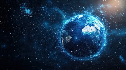 Obraz premium Abstract digital planet Earth with network connections on a blue background, a global communication and technology concept. Space view of the Earth in space. generated ai
