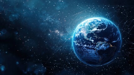 Fototapeta premium Abstract digital planet Earth with network connections on a blue background, a global communication and technology concept. Space view of the Earth in space. generated ai