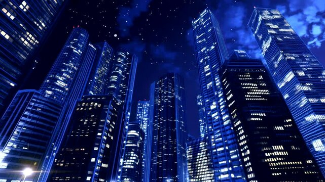 Skyscrapers illuminated at night under a starry sky in a modern city. Seamless looping 4k time-lapse video background
