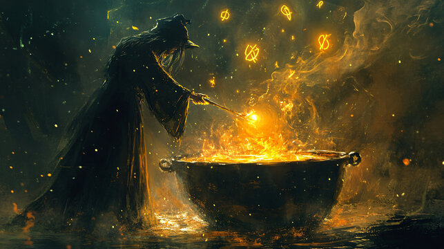 A witch casting a spell over a bubbling cauldron, with glowing symbols rising from the potion.