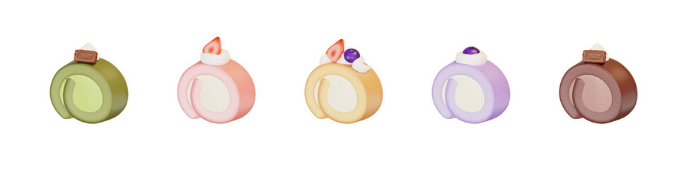 slices of roll cakes with different flavors and toppings isolated on transparent background. 3d illustration.