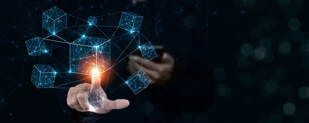 businessman touching a smart contract and executing a cryptocurrency transaction with blockchain...
