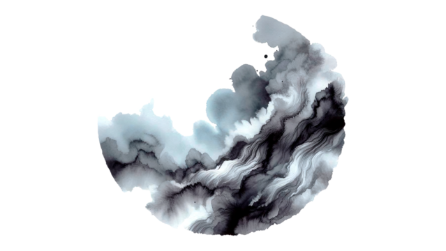 Gray and light black paint brush strokes in watercolor isolated against transparent