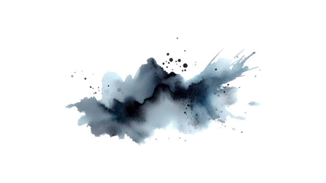 Gray and light black paint brush strokes in watercolor isolated against transparent