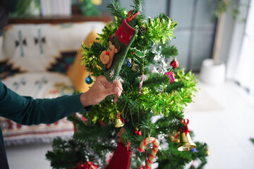 Man hanging decorations on a Christmas tree for prepare celebration with family in living room at home