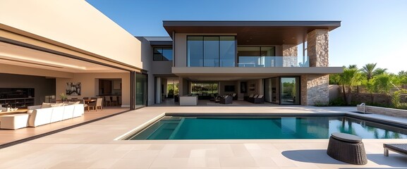 Fototapeta premium A luxurious modern house with an emphasis on indoor-outdoor living. 