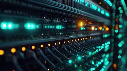 Fototapeta premium Advanced Data Center Network Equipment with Glowing LEDs