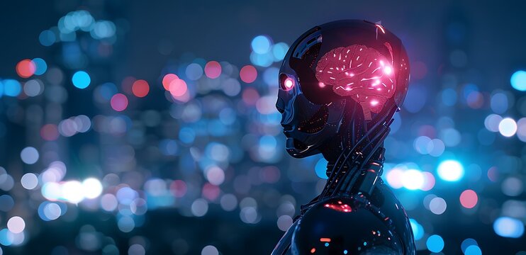 A robot with an open head, brain glowing and visible in the center of his body. In front are blurred city lights at night. The background features dark blue tones with bokeh effects. A futuristic viy.