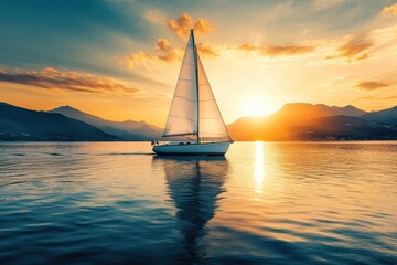 A serene sunset scene featuring a sailboat gliding across calm waters.