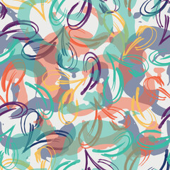 gentle bright tiny flowers pattern For summer print dress Floral in blue, green and orange. Collage contemporary tropical and polka dot shapes seamless pattern set. Seamless. Vector pattern.