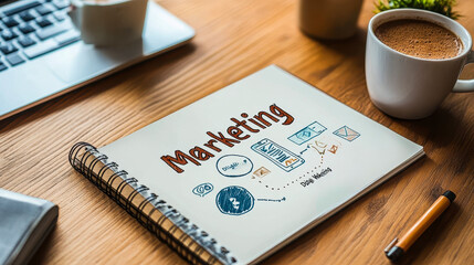 Notepad Showing Digital Marketing Diagram on Wooden Desk with Coffee, Laptop, and Pen - Concept of Strategy and Analytics in Modern Business
