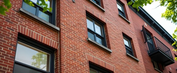 Fototapeta premium The classic brickwork of an older apartment building, with its sturdy, timeless architecture and character.