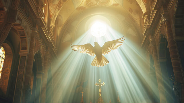 long-shot front view photography of winged dove representation of holy spirit, sunbeams in a church, cinematic lighting