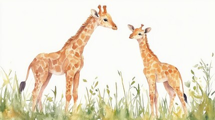 Obraz premium Watercolor Illustration of Mother and Baby Safari Animals - Perfect for Children’s Books, Educational Materials, and Artistic Projects