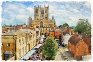 Lincoln Cathedral, formally the Cathedral Church of the Blessed Virgin Mary of Lincoln, England. Street view. Watercolor painting.