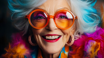 Cheerful Old Lady Embracing Youthful Fun with Bright Makeup and Colorful Circle Glasses, Kidulthood Concept