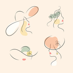 Women. Girls. Vector illustration in modern thin line style: various minimalistic colored female face silhouettes for postcard, cover, shop window decoration.