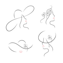 Women. Girls. Vector illustration in modern thin line style: various minimalistic female face silhouettes for postcard, cover, shop window decoration.