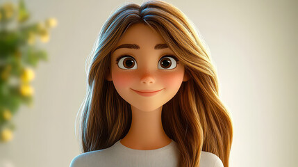 Smiling cartoon young woman with long light brown hair in 3D design, showcasing happy expression, cheerful mood, light background, character portrait for emotions and personality concept