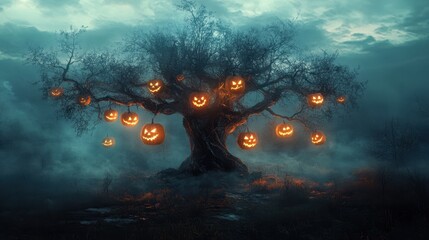 Eerie Halloween Pumpkin Tree in Misty Forest