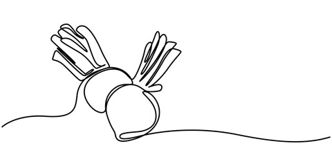 Continuous one line drawing of turnip. Vector illustration on isolated background, One continuous line drawing of whole healthy organic white turnip for farm logo identity. Fresh plant concept
