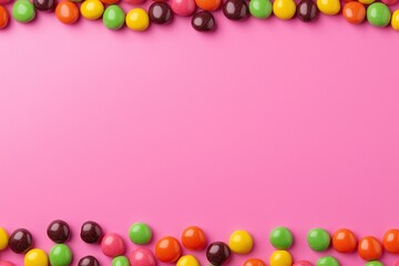 Colorful Skittles candies on a pink background 