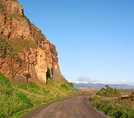 Empty road, travel and mountains for peace in nature, route and weekend trip to countryside on holiday. Street, tourism and freedom destination on vacation, sky mockup and journey to New Zealand