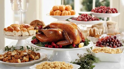 A festive Thanksgiving dinner spread featuring a beautifully roasted turkey at the center, surrounded by all the trimmings including stuffing, cranberry sauce, mashed potatoes, and seasonal vegetables