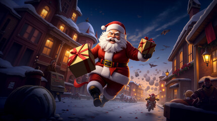 A santa claus is running through a snowy town