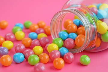 Obraz premium Colorful candies spilling out of an open jar on a pink background 
