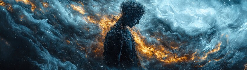 A haunting abstract artwork depicting a figure engulfed in a sea of dark, swirling patterns. The figureÃ¢â‚¬â„¢s distorted form and the surrounding tumultuous colors represent the depth of emotional