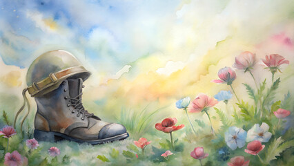 Watercolor Memorial Background [with copy space] Featuring Soldier's Boots and Helmet Among Soft Flowers Honoring Fallen Heroes