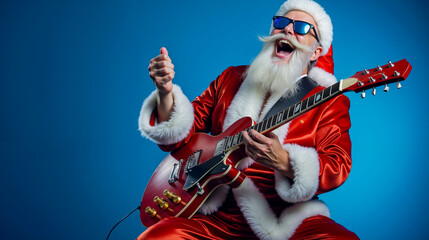 A man dressed as Santa Claus playing a red electric guitar