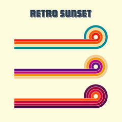Horizontal vintage sunsets. Various colorful striped sunrise badges in 80s and 90s style. Sun and ocean view, summer vibes, surfing. Design element, print, logo or t-shirt. Vector illustration