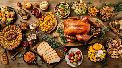 A festive Thanksgiving dinner spread featuring a beautifully roasted turkey at the center, surrounded by all the trimmings including stuffing, cranberry sauce, mashed potatoes, and seasonal vegetables
