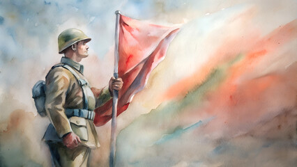 Watercolor Soldier and Flag Background [with copy space] in Muted Tones Reflective of Peace and Remembrance