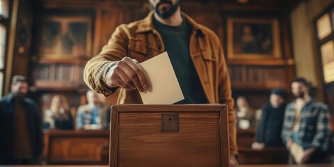 A hand casting a vote into a wooden ballot box with voters in the background. 