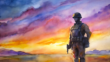 Watercolor Soldier Silhouette Background, Saluting Figure on Sunset Gradient, Symbolic and Honorable