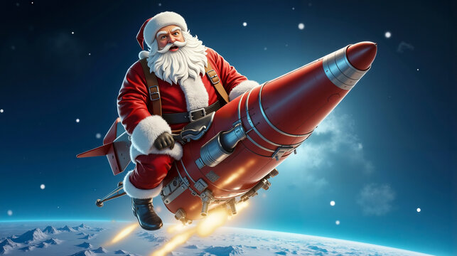A santa claus riding on top of a rocket in the sky