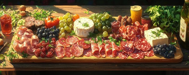 A refined wooden board brimming with an assortment of gourmet meats, artisanal cheeses, and fresh, juicy fruits. The carefully arranged spread contrasts beautifully with the natural wood, leaving