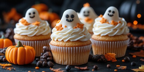 Festive Halloween cupcakes with ghost toppings and pumpkin decor set for a spooky treat. 