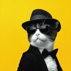 A stylish cat wearing sunglasses and a tuxedo against a bright yellow background.