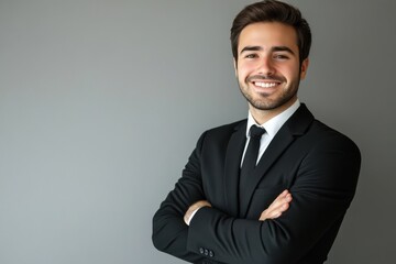 A professional man dressed in a black suit with his arms crossed smiling confidently