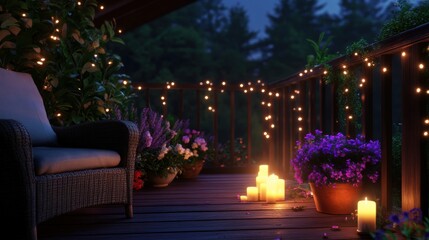 A serene candlelit evening on a rustic balcony, featuring a comfy armchair surrounded by vibrant potted flowers