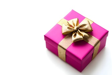 A pink box with gold ribbon on top