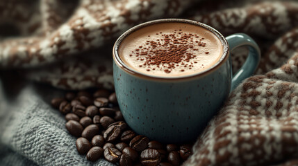 A warm cup of coffee with a sprinkle of cocoa on top, surrounded by coffee beans and a cozy blanket.