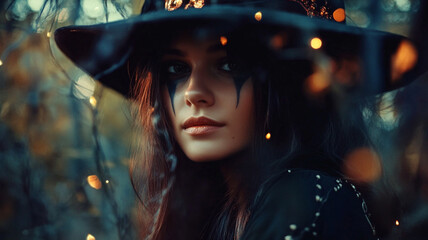 Fototapeta premium A mystical woman in a witch costume surrounded by glowing lights during Halloween celebrations