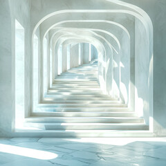A long, narrow hallway with white steps leading up to a higher level. AI Generated